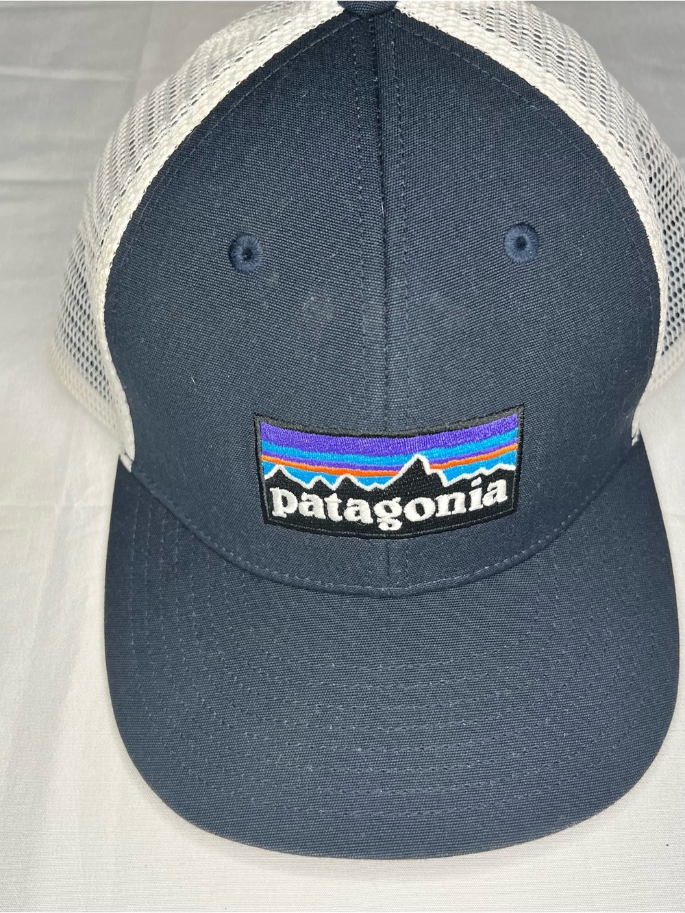 Patagonia Navy and White Mesh Trucker Hat with Multicolor Logo Patch